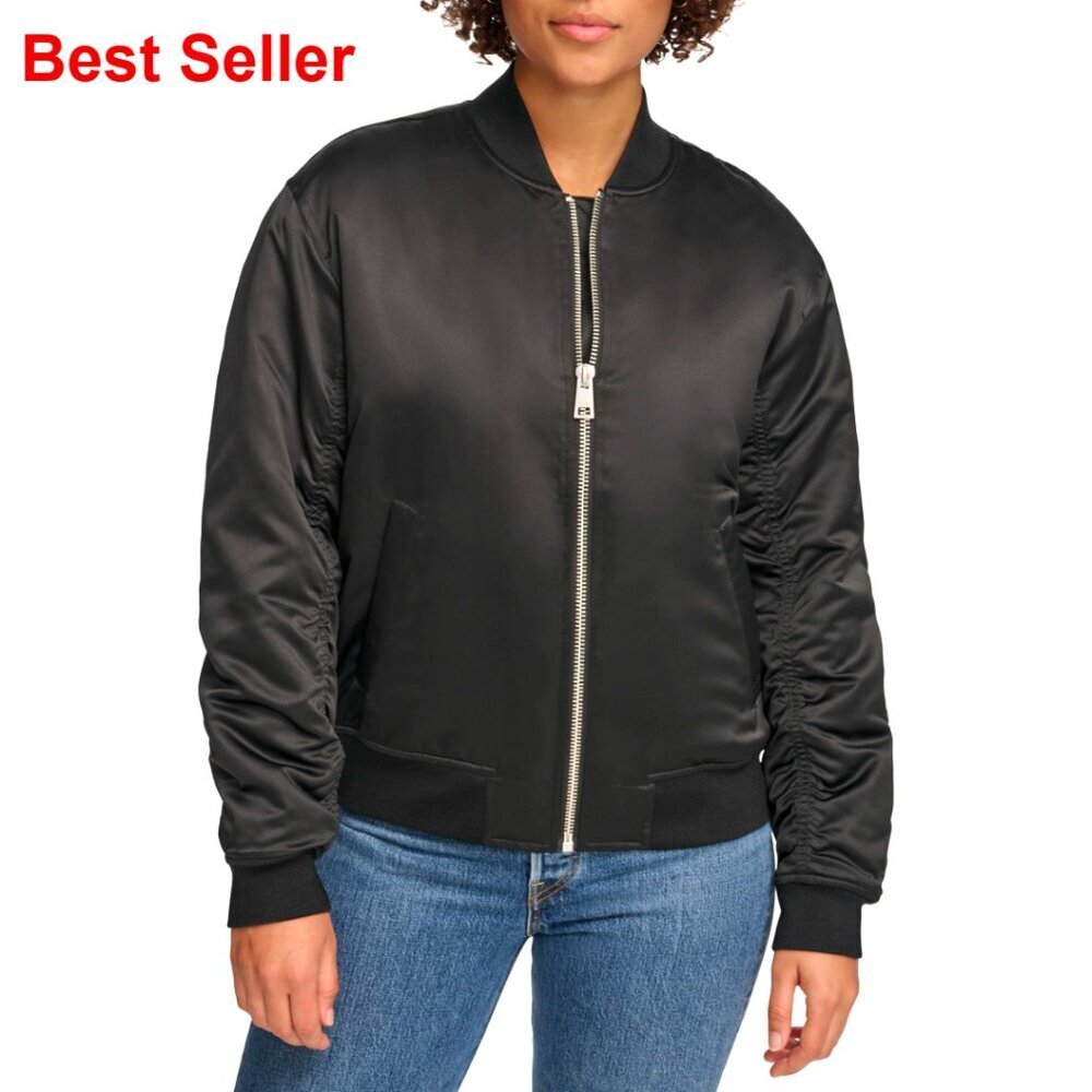 Relaxed Bomber Jacket with Satin Fabric and Rib Knit Cuffs
